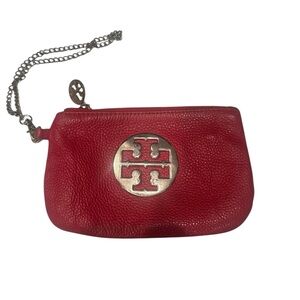 Tory Burch Red Pebbled Leather Wristlet Chain Strap Designer Clutch